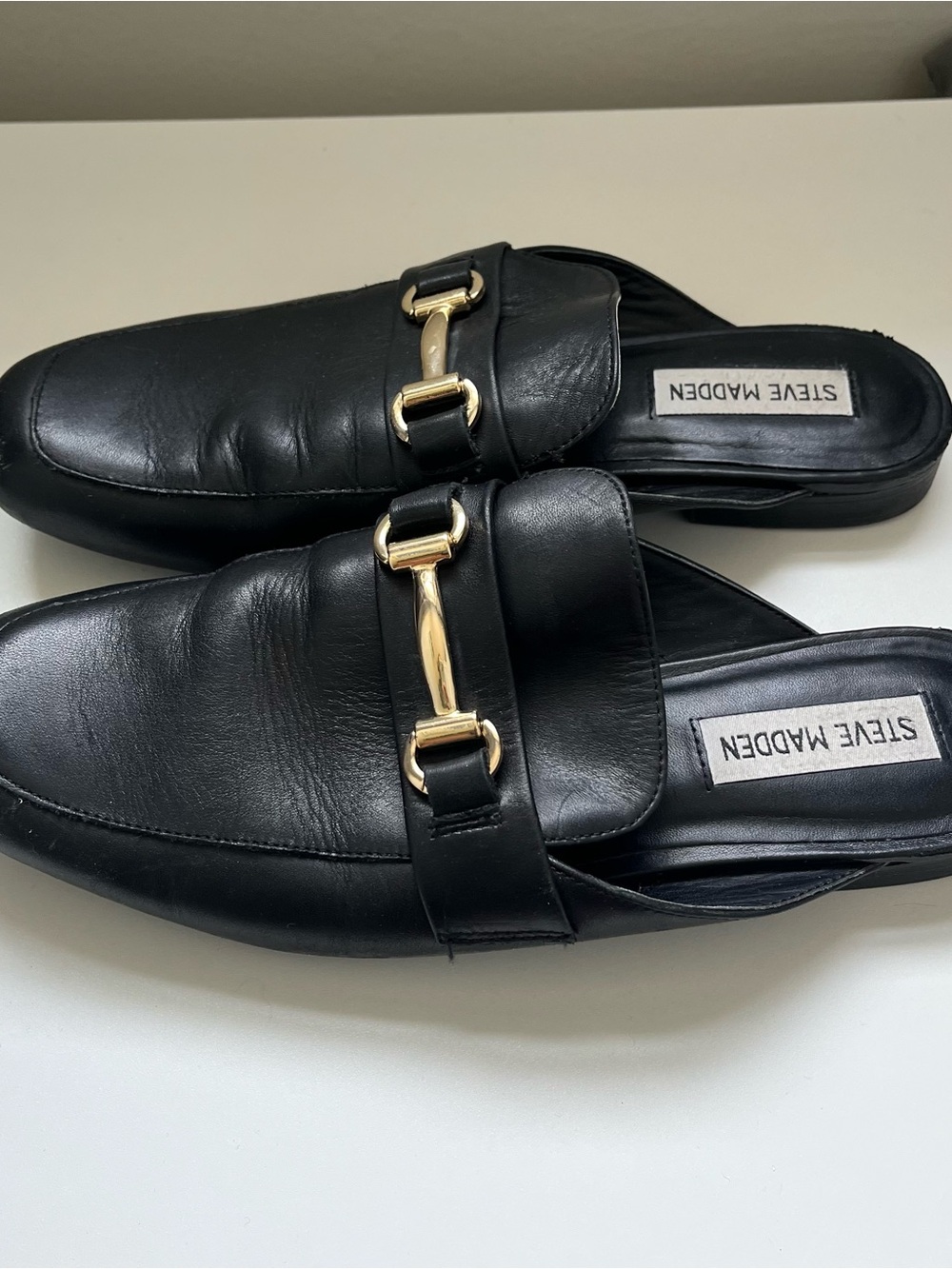 Steve Madden Women’s Black Leather Slip-On Loafers with Gold Bit - Picture 2 of 5